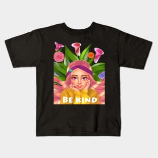 Aesthetic illustration girl,  flowers be kind positive vibes Kids T-Shirt